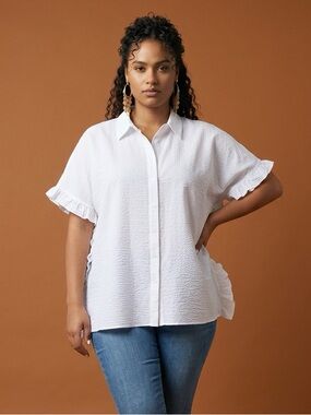 NWT Harshman Women’s Darcy White Seersucker Ruffle Blouse Top Oversized- Size 2X